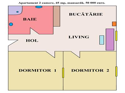 Vand apartament 2 camere, living, baie, hol si bucatarie si este situat in Tg-Jiu zona Artego, este la mansardă avand o suparafata de 45 mp. Pret 50 000 euro.
